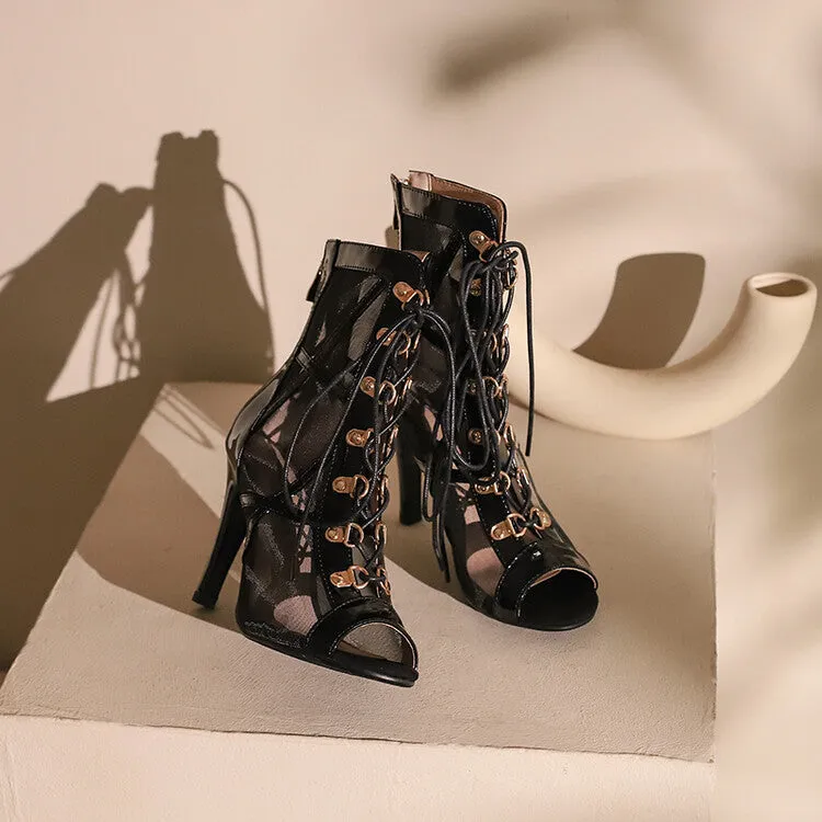 Women's 7cm/9cm Slim Heel Mesh Rubber Sole Peep Toe Hollow-out Jazz Shoes Dance Boots