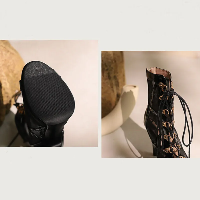 Women's 7cm/9cm Slim Heel Mesh Rubber Sole Peep Toe Hollow-out Jazz Shoes Dance Boots