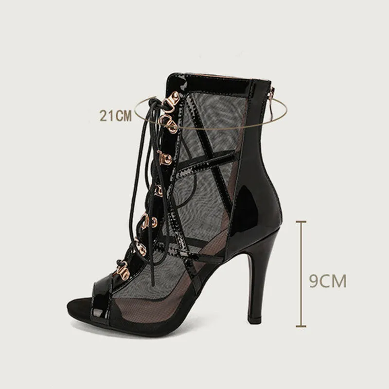 Women's 7cm/9cm Slim Heel Mesh Rubber Sole Peep Toe Hollow-out Jazz Shoes Dance Boots