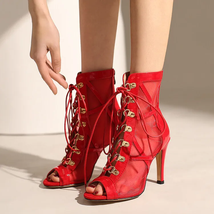 Women's 7cm/9cm Slim Heel Mesh Rubber Sole Peep Toe Hollow-out Jazz Shoes Dance Boots