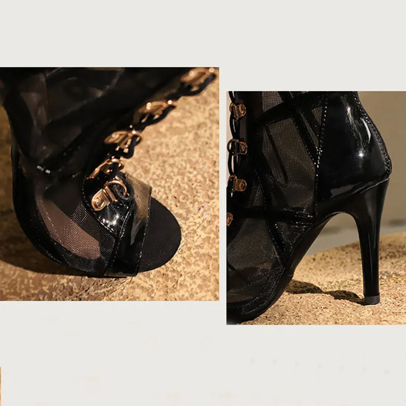 Women's 7cm/9cm Slim Heel Mesh Rubber Sole Peep Toe Hollow-out Jazz Shoes Dance Boots