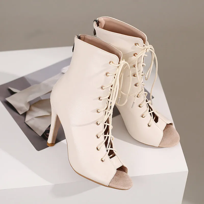 Women's Beige 7cm Slim Heel Rubber Sole Leatherette Jazz Shoes Lace-up Dance Heels Boots