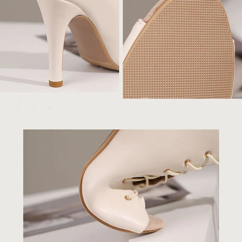 Women's Beige 7cm Slim Heel Rubber Sole Leatherette Jazz Shoes Lace-up Dance Heels Boots