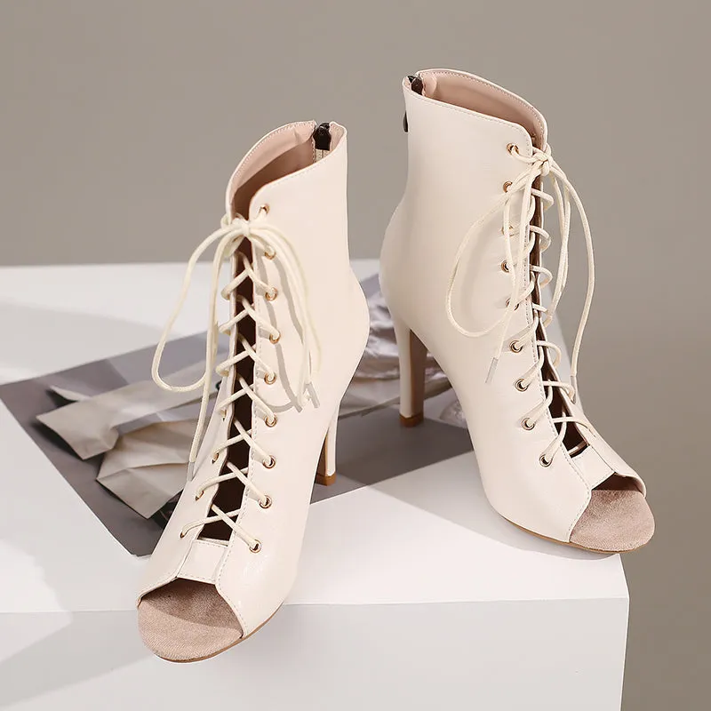 Women's Beige 7cm Slim Heel Rubber Sole Leatherette Jazz Shoes Lace-up Dance Heels Boots