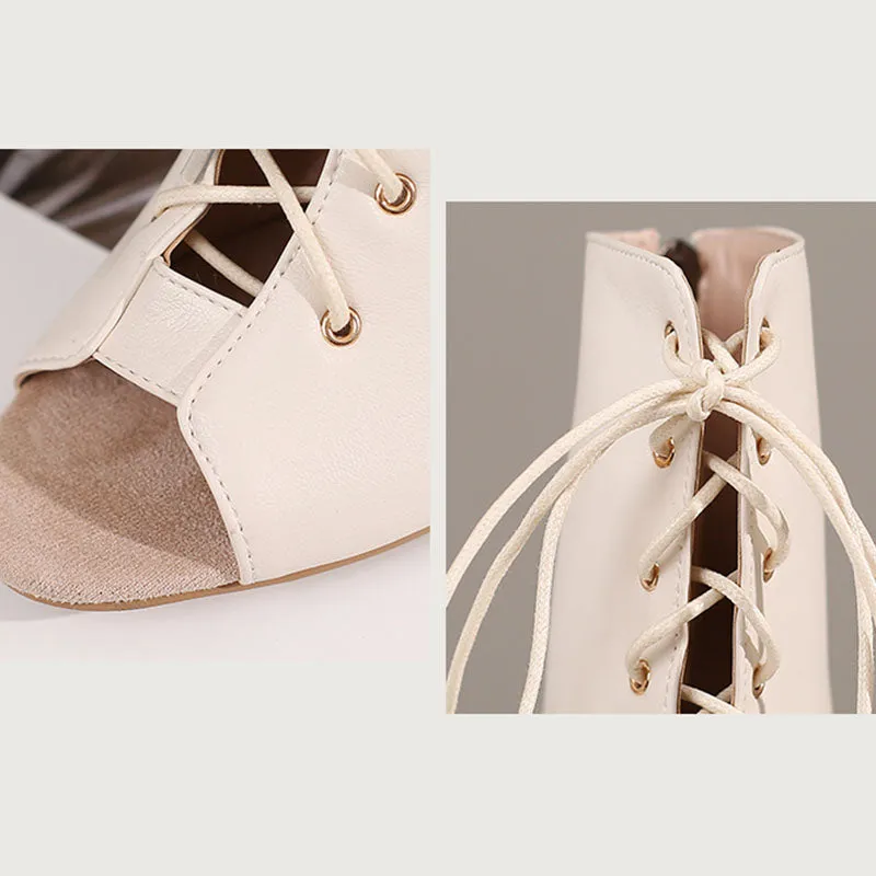 Women's Beige 7cm Slim Heel Rubber Sole Leatherette Jazz Shoes Lace-up Dance Heels Boots