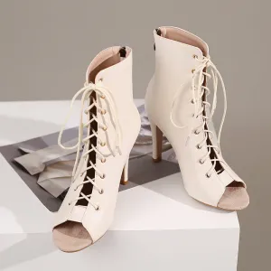 Women's Beige 7cm Slim Heel Rubber Sole Leatherette Jazz Shoes Lace-up Dance Heels Boots