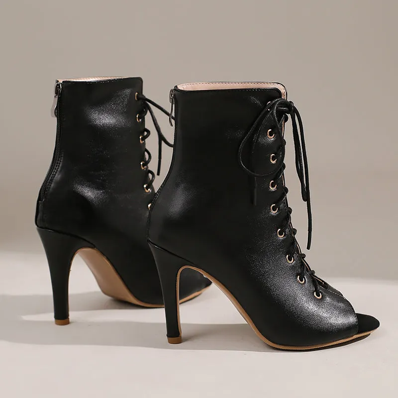 Women's Black 9cm Slim Heel Rubber Sole Leatherette Jazz Shoes Lace-up Dance Heels Boots