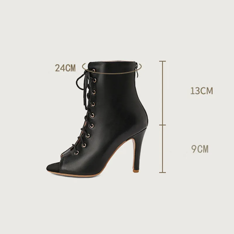 Women's Black 9cm Slim Heel Rubber Sole Leatherette Jazz Shoes Lace-up Dance Heels Boots