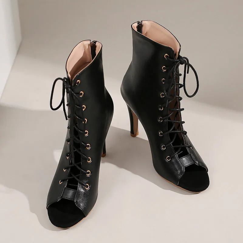 Women's Black 9cm Slim Heel Rubber Sole Leatherette Jazz Shoes Lace-up Dance Heels Boots
