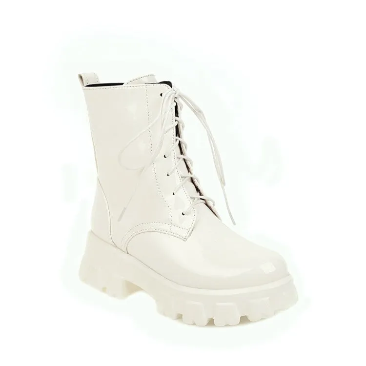 Women's Glossy Lace Up Side Zippers Block Heel Platform Short Boots
