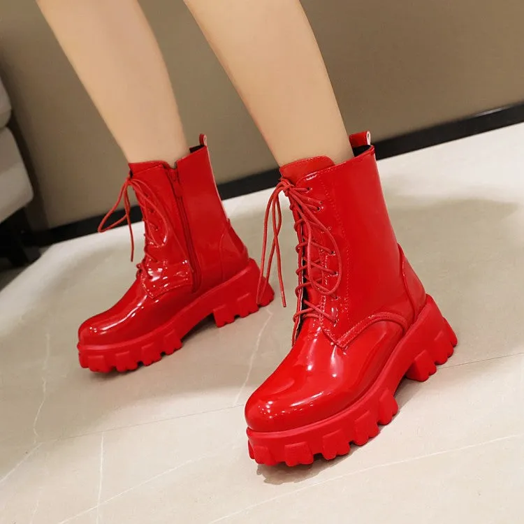 Women's Glossy Lace Up Side Zippers Block Heel Platform Short Boots