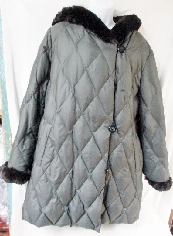 Womens I. MADISON Long DOWN JACKET Coat Puffer Faux FUR BLACK OLIVE L
