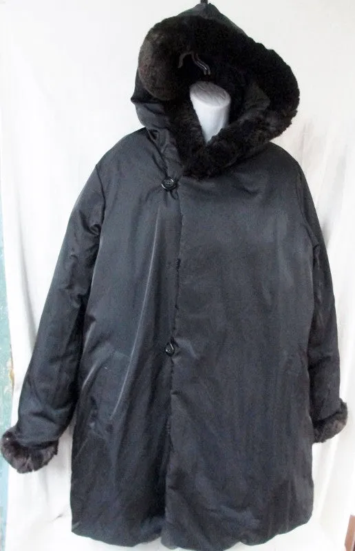 Womens I. MADISON Long DOWN JACKET Coat Puffer Faux FUR BLACK OLIVE L