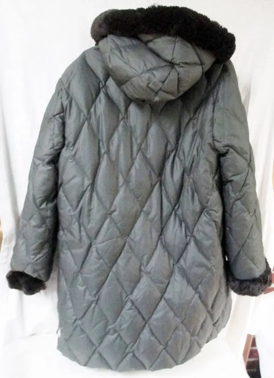 Womens I. MADISON Long DOWN JACKET Coat Puffer Faux FUR BLACK OLIVE L