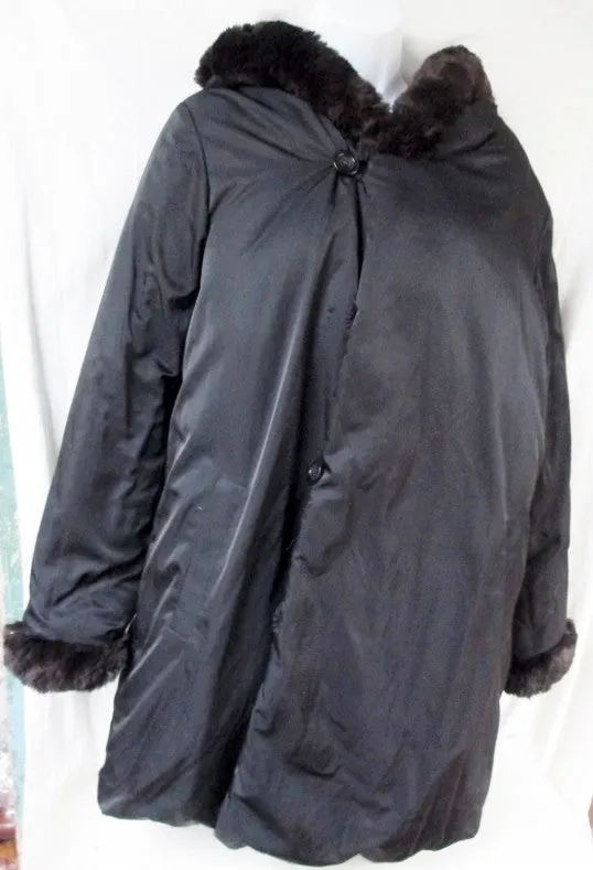 Womens I. MADISON Long DOWN JACKET Coat Puffer Faux FUR BLACK OLIVE L