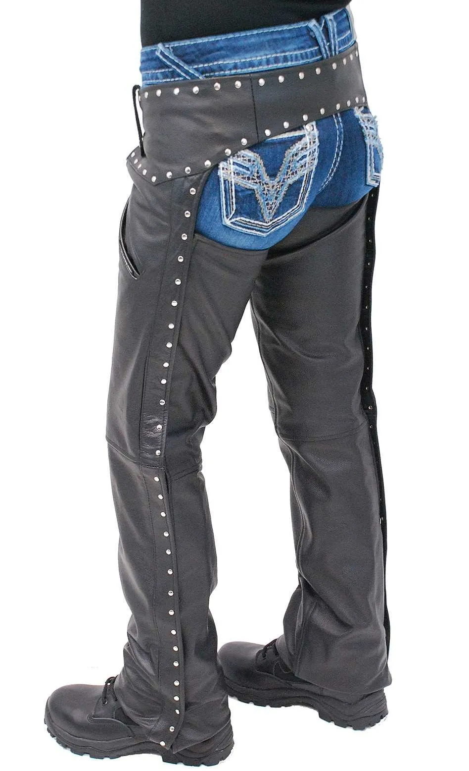 Women's Low Rise Premium Leather Studded Pocket Chaps #CL2801PR