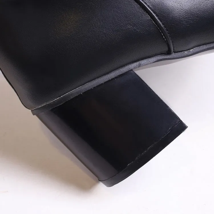 Women's Pu Leather Pointed Toe Belts Buckles Block Heel Knee High Boots