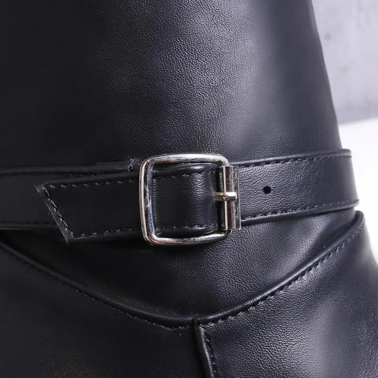 Women's Pu Leather Pointed Toe Belts Buckles Block Heel Knee High Boots