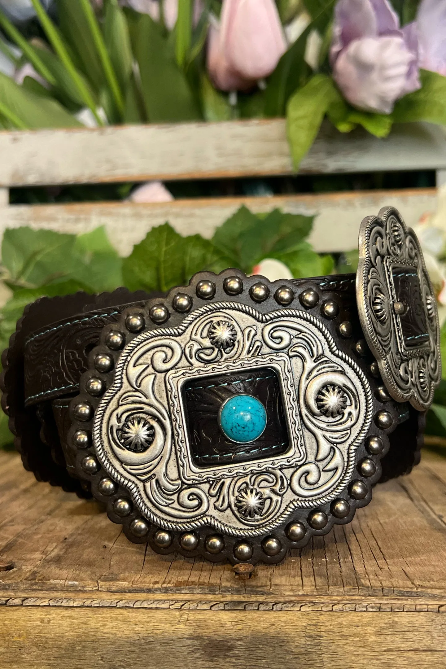 Women's Tooled Concho Belt with Turquoise Studs by Roper