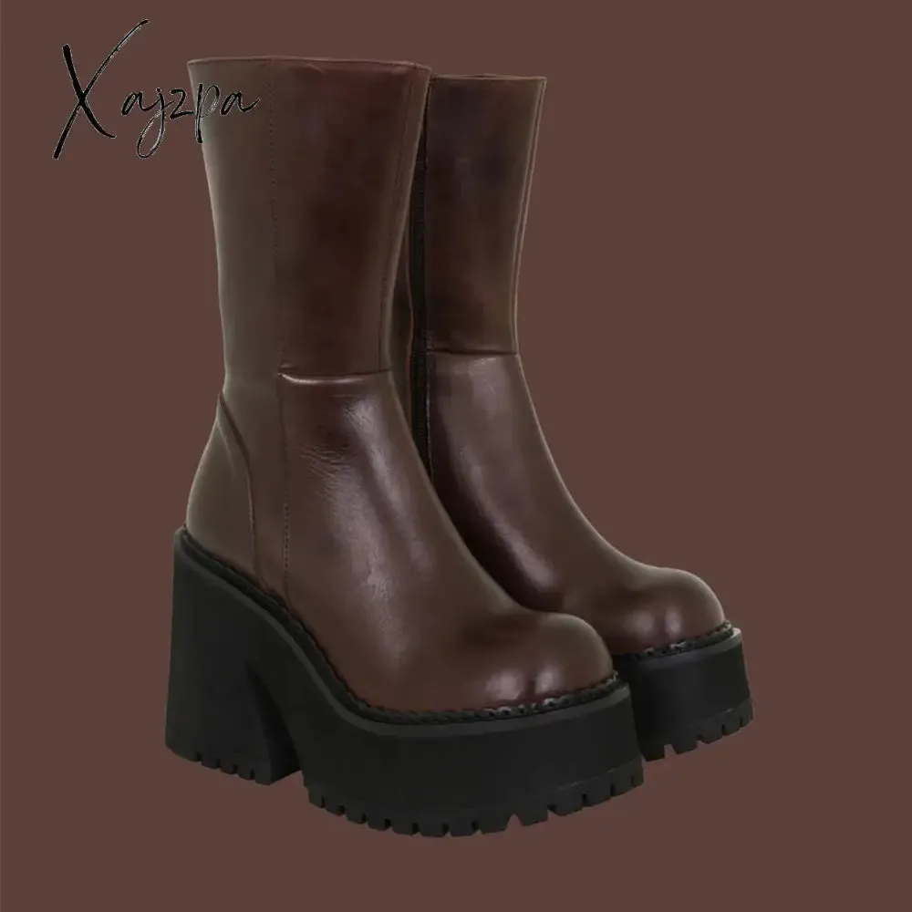 Xajzpa - Goth Platform High Heels Zip Chunky Women's Boots Black Punk Thick Bottom Motorcycle Boots Cosplay Y2K Casual Shoes