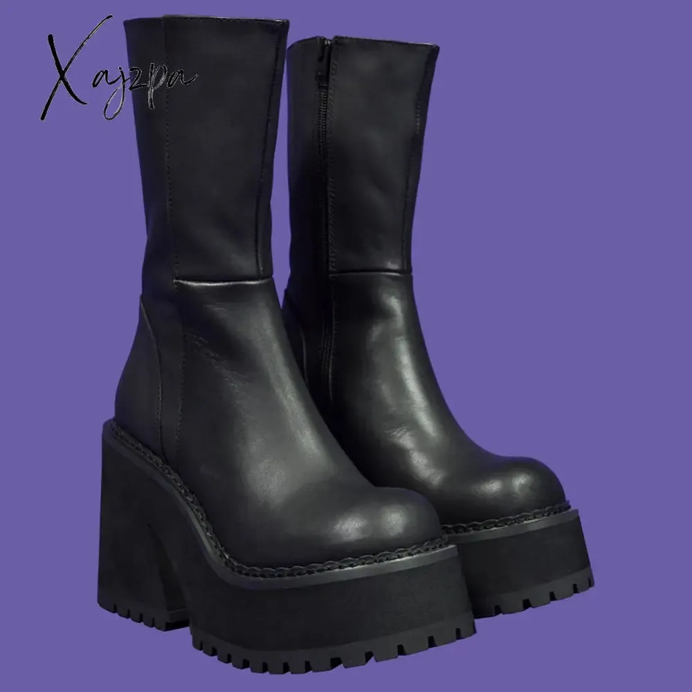 Xajzpa - Goth Platform High Heels Zip Chunky Women's Boots Black Punk Thick Bottom Motorcycle Boots Cosplay Y2K Casual Shoes