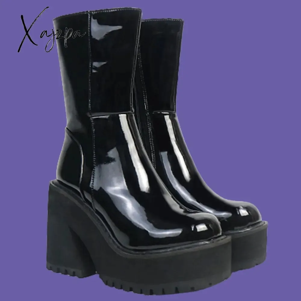Xajzpa - Goth Platform High Heels Zip Chunky Women's Boots Black Punk Thick Bottom Motorcycle Boots Cosplay Y2K Casual Shoes