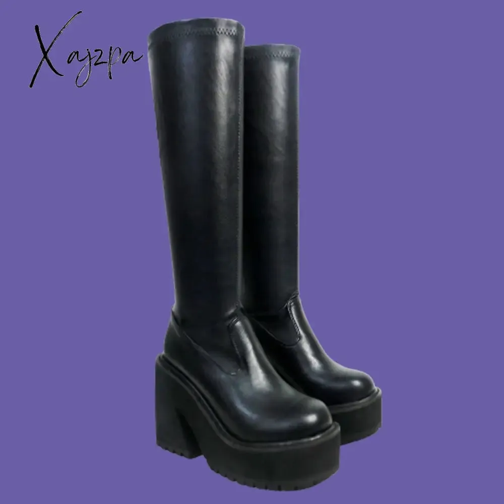 Xajzpa - Goth Platform High Heels Zip Chunky Women's Boots Black Punk Thick Bottom Motorcycle Boots Cosplay Y2K Casual Shoes