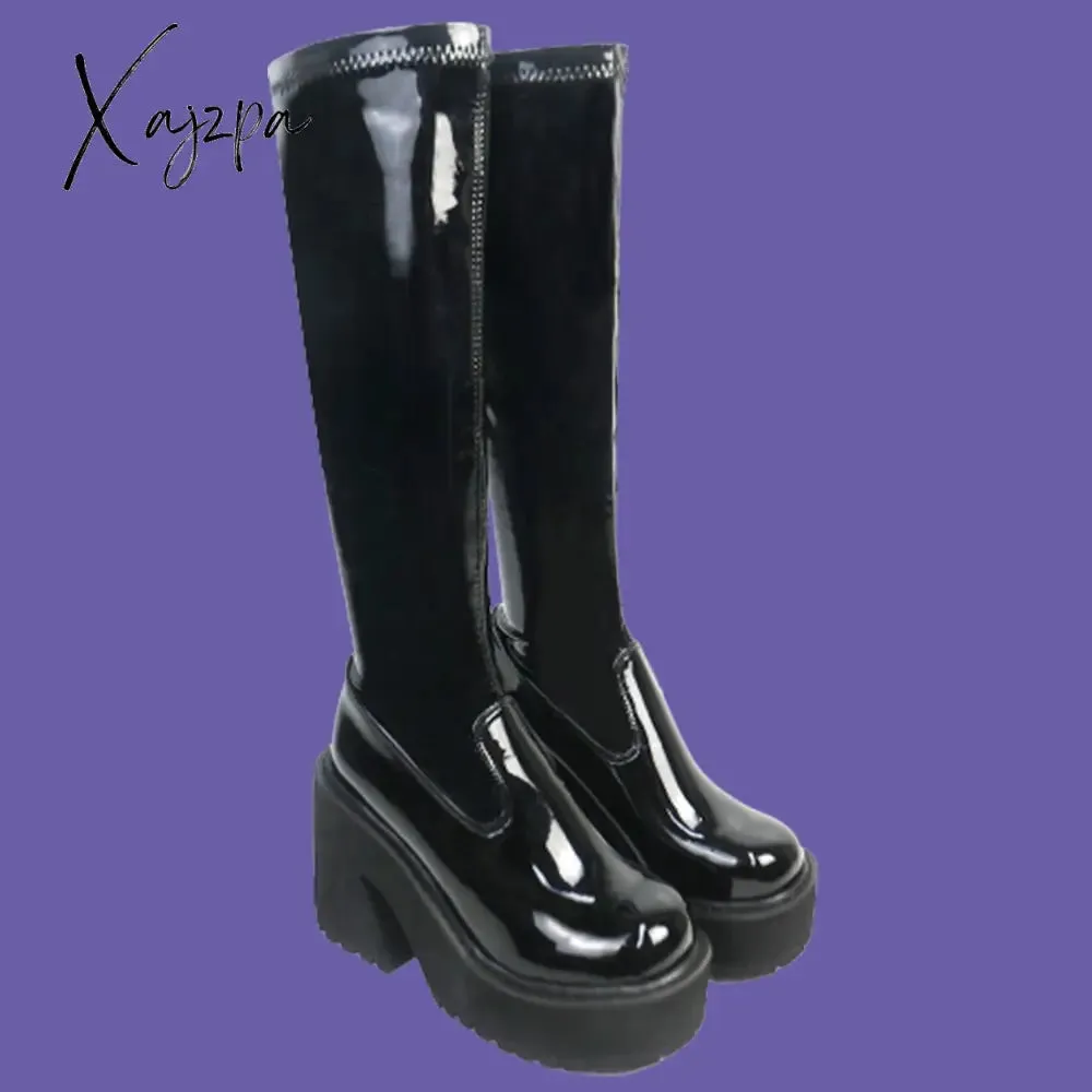 Xajzpa - Goth Platform High Heels Zip Chunky Women's Boots Black Punk Thick Bottom Motorcycle Boots Cosplay Y2K Casual Shoes
