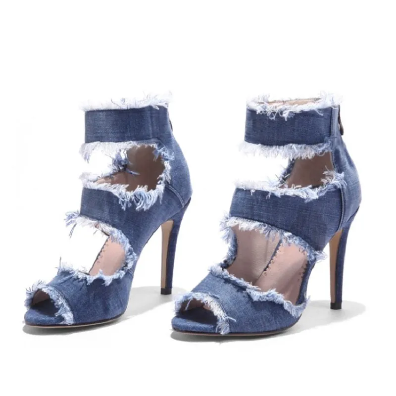 YXZJ Women's PU 9.5cm Denim Rubber Sole Dance Boots Ballroom Dance Shoes