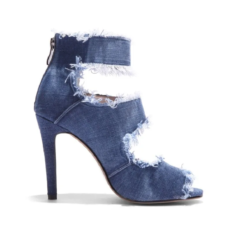 YXZJ Women's PU 9.5cm Denim Rubber Sole Dance Boots Ballroom Dance Shoes