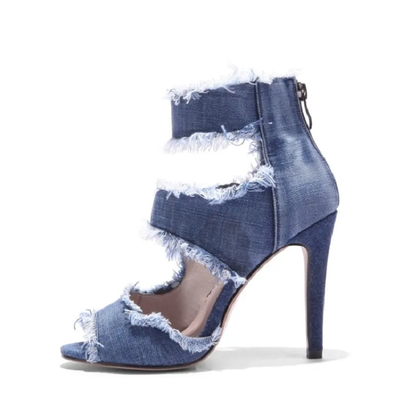 YXZJ Women's PU 9.5cm Denim Rubber Sole Dance Boots Ballroom Dance Shoes